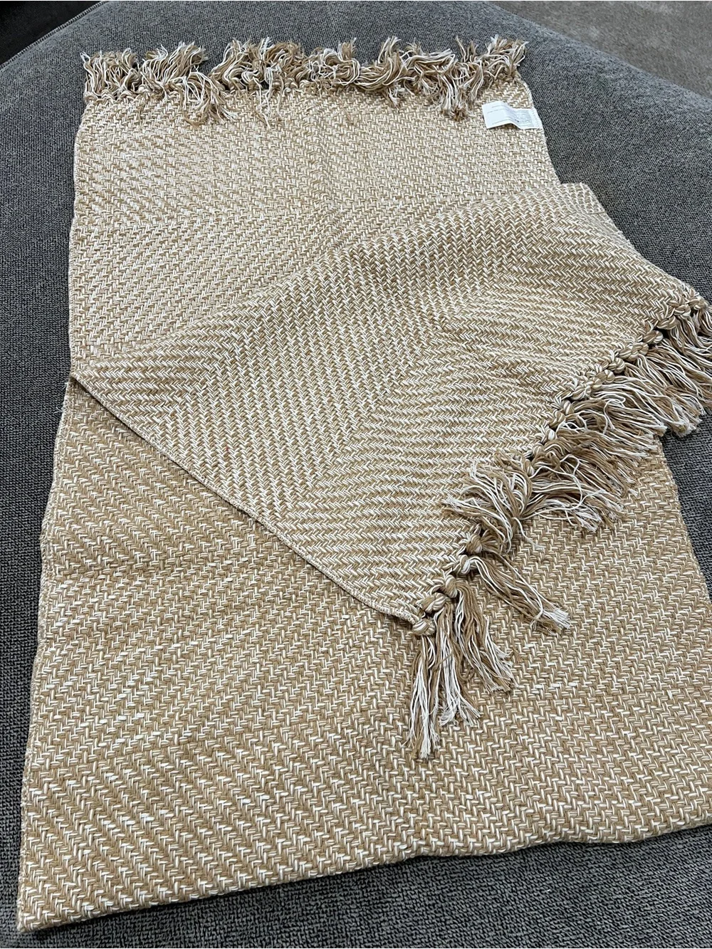 Beige Woven Cotton Runner with Fringe